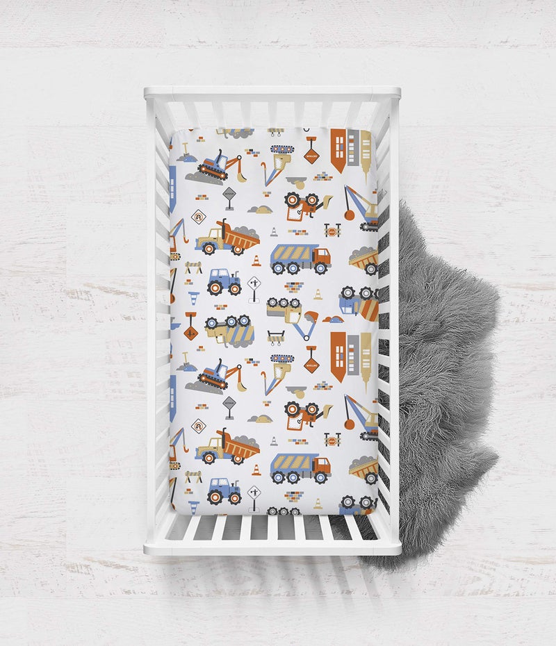 Bacati Crib Fitted Sheet - Construction Multicolor - Silky Soft Breathable 100% Cotton Percale Baby Sheets - Fits Standard 28 x 52 X 5 inches Crib & Toddler Mattresses - Image 4